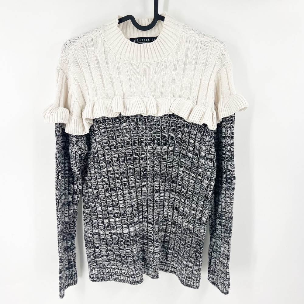 ✅ ELOQUII BLACK AND CREAM RIBBED RUFFLED SWEATER SIZE 14/16